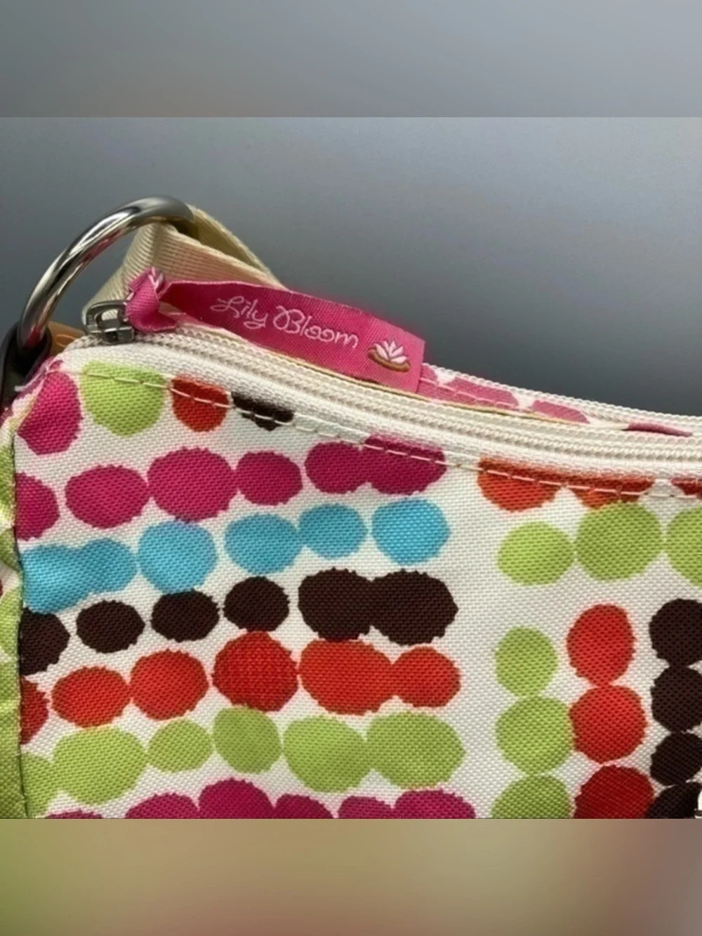 🌸 Lily Bloom Multicolor Dot-Print Shoulder Bag with Tan Trim and Strap Detail
